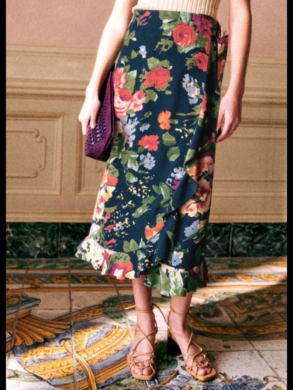 Sézane “Melanie” Floral Midi Wrap Skirt in “Trianon” Print